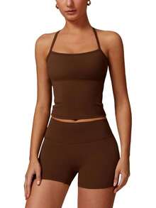 Women's Yoga Outfits Backless Strappy Sports Bra And High Waisted-Lifting Shorts Matching Workout Set - Hồng 1 - Xem 6