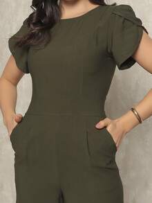 Women's Jumpsuit In Plain Marrant, Pocket, Pantaloons With Petal Sleeves, Simple Pocket Office - 墨綠色 - 查看 2