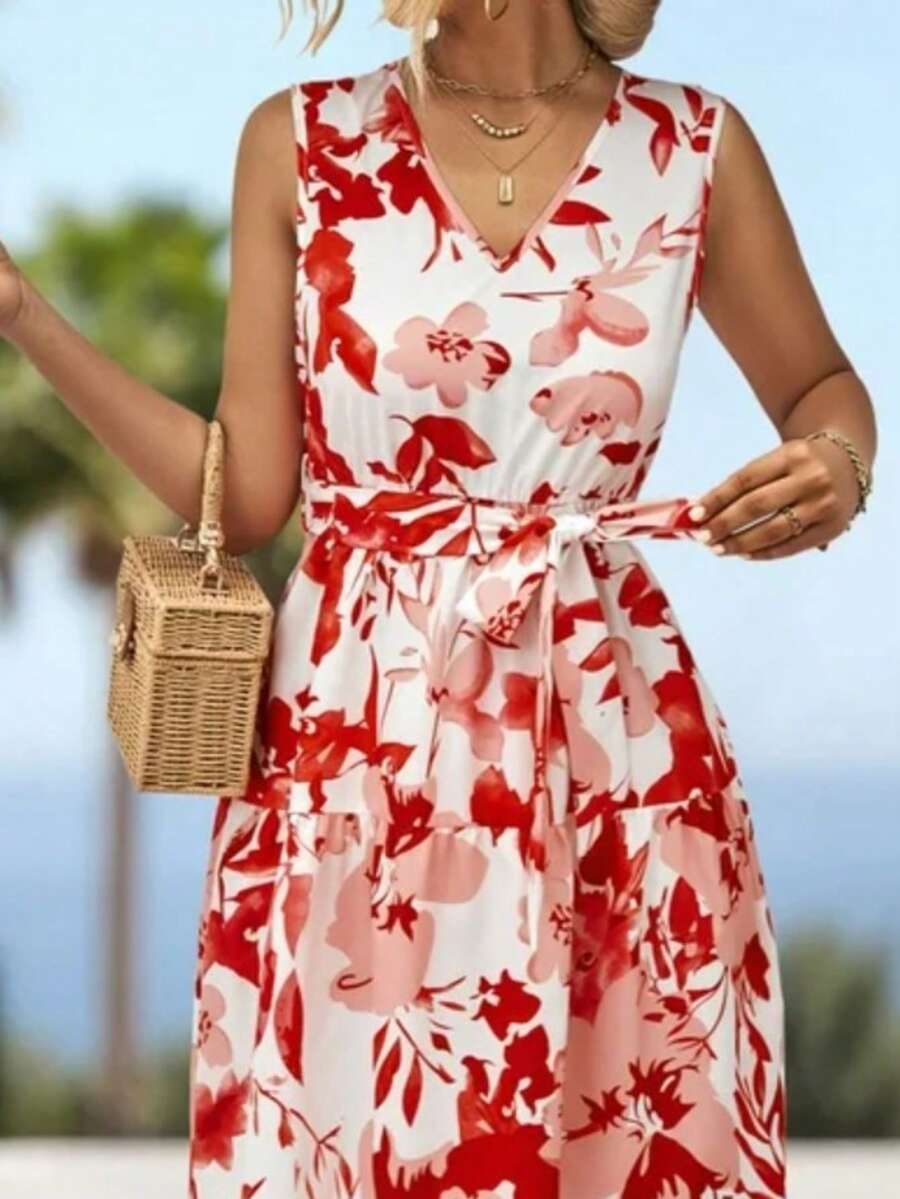 Vestido Corto tela ligera Satinado con estampado - Rojo cereza - Ver 1