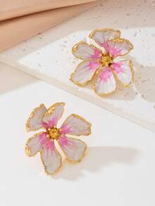 2 件时尚简约金属花朵耳钉，优雅百搭耳环，适合女性度假佩戴 - 白粉紅色 - 查看 2