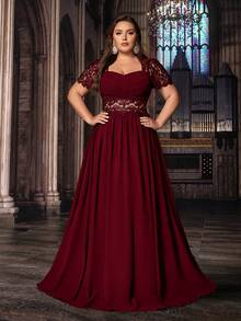 QOQ 高贵大码女士正式礼服优雅晚礼服派对礼服，适合生日派对、晚宴、婚礼宾客，蕾丝泡泡袖雪纺礼服，情人节 - 酒紅色 - 查看 3