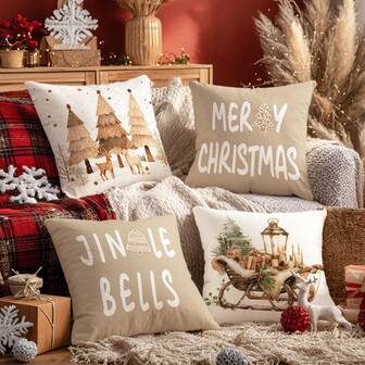 MEMNUN 4 pièces Housses de coussin décoratif de Noël en polyester avec imprimé de traîneau d'arbre de Noël en bois marron, texte "Joyeux Noël", tailles 45*45cm/50*50cm/40*40cm, impression unilatérale, parfait pour le canapé, le lit, le salon, la chambre, la voiture, le bureau, l'hôtel, toutes saisons, cadeau idéal pour la famille et les amis