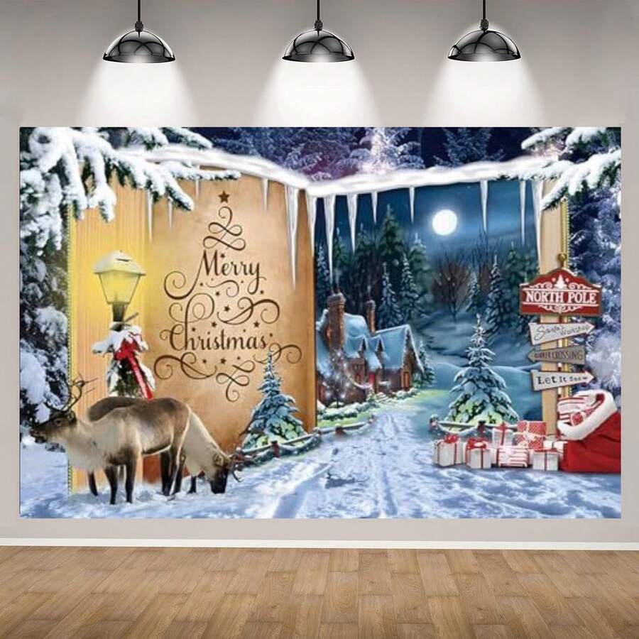 Bannière de fond de scène de Noël, Joyeux Noël avec la porte de la fée du Pôle Nord, Plusieurs tailles, Aucune électricité requise