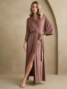 Anewsta 休闲单件女士长袖纯色简约休闲舒适光滑浴袍假日季节 - 棕色 - 查看 6