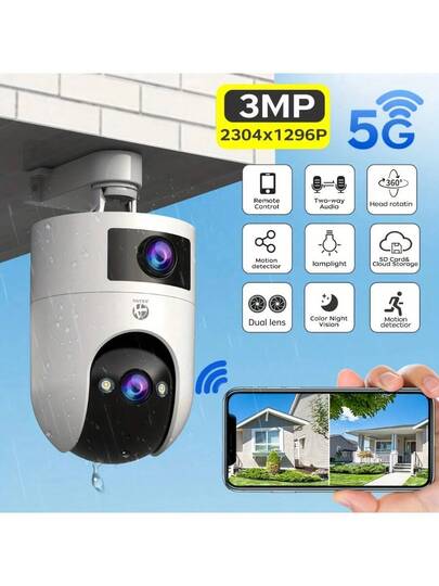 5G Dual 3MP Security Camera 360° PTZ, Night Vision, Indoor/Outdoor Way Audio, Motion Tracking