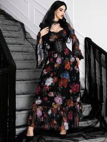 فستان طويل للنساء بطبعة الورود والدانتيل، ياقة مربعة أنيقة وأنثوية، أكمام واسعة، وذيل مكشكش، بتصميم جوتيك وساحر للهالوين والسهرات