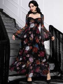 فستان طويل للنساء بطبعة الورود والدانتيل، ياقة مربعة أنيقة وأنثوية، أكمام واسعة، وذيل مكشكش، بتصميم جوتيك وساحر للهالوين والسهرات