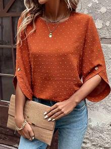 Women's Cute Round Neck Cutout Polka Dot Fashionable 3/4 Sleeve Chiffon Blouse, Suitable For Commuting, Travel, Vacation, Date, Party, Daily Wear, Comfortable, Solid Color, Versatile Top T-Shirt