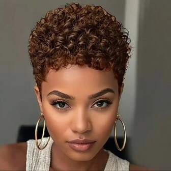 Brown 180% Density Short Kinky Curly Pixie Cut Wig - Honey Blonde Brazilian Remy Human Hair Glueless Wig With Rose Net Cap For Daily Use, Parties & Music Festivals - Natural Look & Versatile Styling, Short Hair Wig, Party Festival Cosplay Accessory