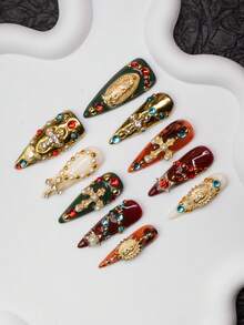 10片/套 手工杏仁形Y2K坏女孩风格美甲贴片，红色、金色、绿色、白色、橙色扎染美甲贴片，带有十字架、宝石、星星、爱心、珠子等图案，适合派对、婚礼、日常佩戴，包含工具包，是送给女性和女孩的绝佳礼物。 - 彩色 - 查看 3