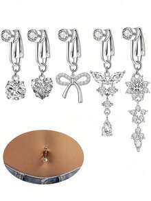 5pcs Gold Fake Belly Button Rings, Women Clip-On Fake Navel Rings, No Piercing Required - 5 Belly Button Clips - View 9