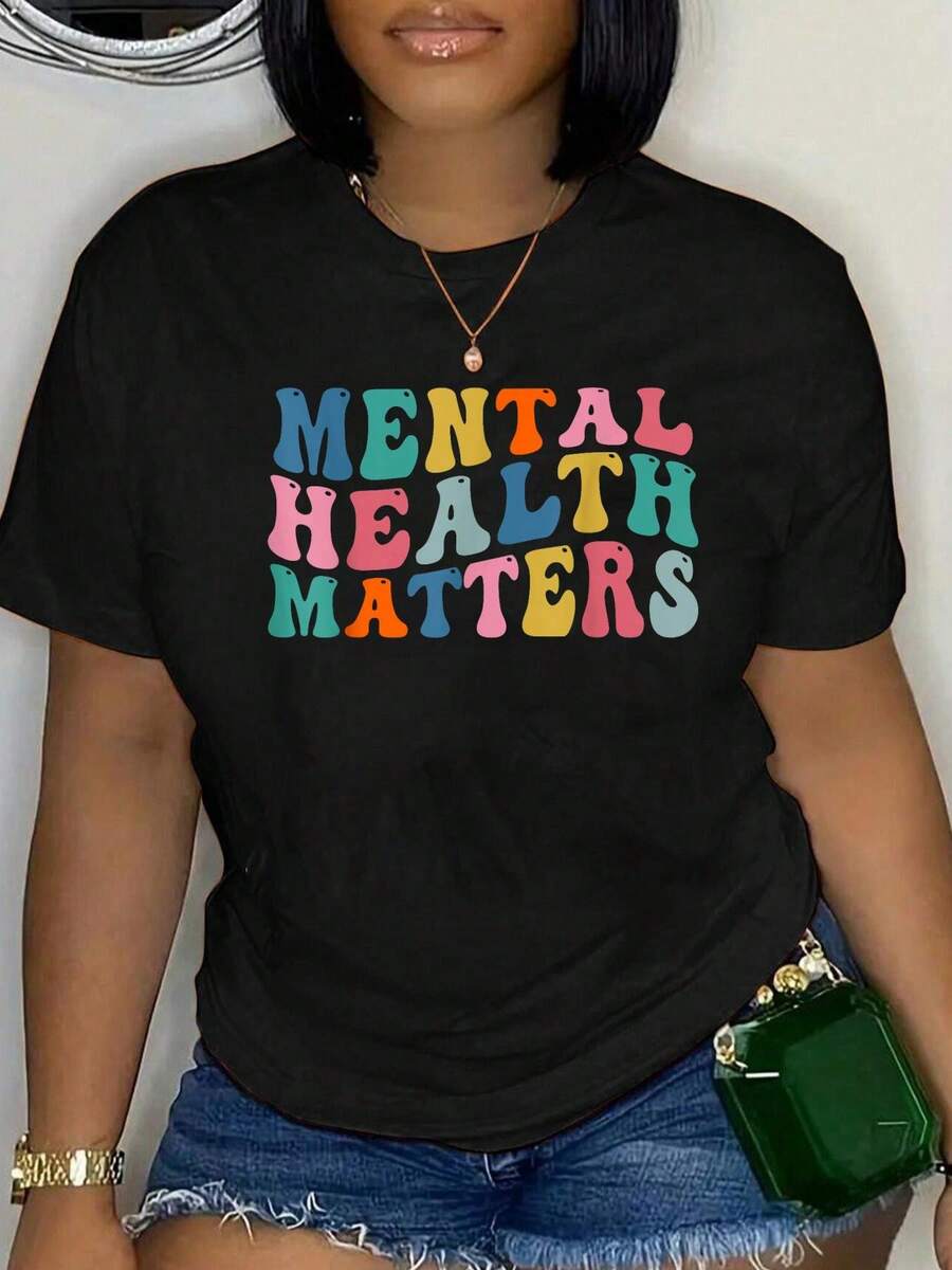 100% Cotton Mental Health Awareness Mental Health Matters T-Shirt Women's Men's Streetwear Graphic Tee Black Crew Neck Vacation Tops - 黑色 - 查看 1