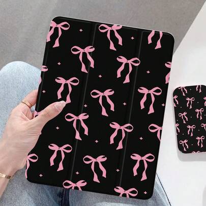 粉黑粉色蝴蝶结图案翻盖平板电脑保护套 1 件装 黑色背景点状图案平板电脑保护套 兼容 Apple 10.2 英寸 Apple Pro 2021/2020 第九/十代 Galaxy Tab A8 10.5 英寸 2022 Matepad 10.4/Tab 防摔带笔槽支持睡眠/唤醒功能 生日礼物 春季
