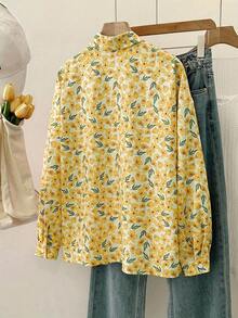 Áo sơ mi nữ tay dài in hoa cỡ lớn, hàng ngày, cài nút đơn, thích hợp cho mùa xuân và mùa thu - Màu vàng - Xem 3