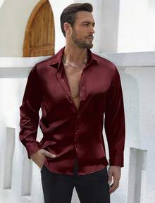 Mens Silk Satin Shirts Long Sleeve Button Down Loose Fit Dress Shirt Luxury Party Prom Wedding Shirtshalloween - 酒紅色 - 查看 11