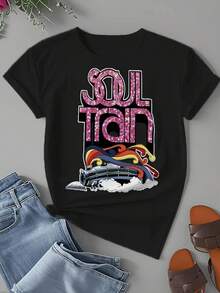 Women's Retro Soul Train Pattern T-Shirt - Black 70s Disco Party Shirt With Blue And Red Accents - Soft Crew Neck Casual Top, Machine Washable For Summer Themed Events And Casual Outfits, Classic Crew Neck Design, Comfortable Fit, Durable Print - 樣式2 - 查看 2