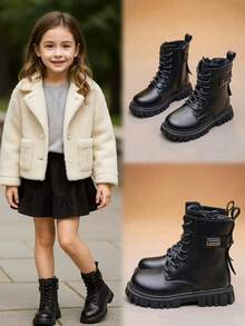 1 双幼儿女童中筒靴，纯色柔软漆皮 PU 皮革，金属扣装饰，内侧金属拉链，前部系带，圆头，厚底，防滑，可爱公主风格皮靴，适合女学生日常、校园、休闲、旅行、节日、秋冬新款 - 黑色 - 查看 1