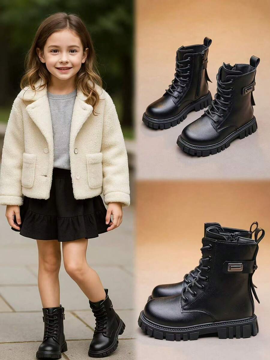 1 双幼儿女童中筒靴,纯色柔软漆皮 PU 皮革,金属扣装饰,内侧金属拉链,前部系带,圆头,厚底,防滑,可爱公主风格皮靴,适合女学生日常、校园、休闲、旅行、节日、秋冬新款 - 黑色 - 查看 1