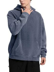 FAIABLE Mens Hoodies Oversized Unisex Wash Hoodie Heavyweight Fleece Vintage Cotton Sweatshirt Men Women Streetwear - 靛藍 - 查看 4