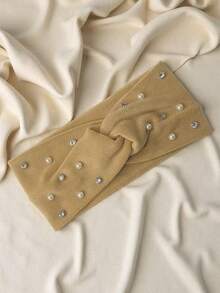 1 pieza Diadema elegante y casual de poliéster con lazo, diadema de invierno con decoración de perlas de moda, accesorio de cabello versátil y vintage con diseño cruzado para mujer en otoño/invierno