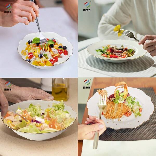 Białe zestawy obiadowe ze złotym rantem - nowoczesny styl, nowy zestaw obiadowy z porcelany kostnej, piękne krawędzie w kształcie muszli i luksusowe złote wykończenia - odporny na zarysowania, zestawy talerzy i misek do zmywarki ceramicznej, zestaw naczyń, zestaw misek i talerzy, zestaw obiadowy do kuchni, ceramiczne naczynia do mikrofalówki i zmywarki, biały,