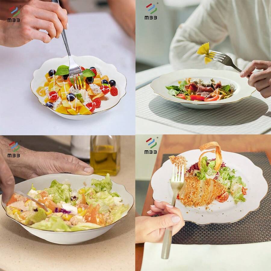 Białe zestawy obiadowe ze złotym rantem - nowoczesny styl, nowy zestaw obiadowy z porcelany kostnej, piękne krawędzie w kształcie muszli i luksusowe złote wykończenia - odporny na zarysowania, zestawy talerzy i misek do zmywarki ceramicznej, zestaw naczyń, zestaw misek i talerzy, zestaw obiadowy do kuchni, ceramiczne naczynia do mikrofalówki i zmywarki, biały,