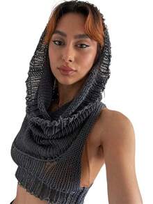 Women Knitted Hoodie Sweater Vest Sleeveless Hollow Out Hooded Crop Top Streetwear Rave Oufit - Gray - 查看 1