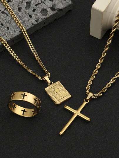 3 件不锈钢金色十字架项链套装，带空心十字架环，适合男士日常装饰或送礼