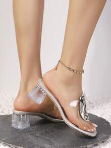 大码女式方头踝带坡跟凉鞋，白色透明珍珠装饰，舒适防滑，适合派对、沙滩、居家和户外穿着 - 銀色 - 查看 4