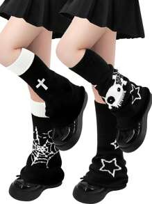 1 双条纹拼布宽腿针织腿套，可爱学院风，温暖的日常穿着腿套，适合娇小女性和女孩 - 正反兩穿款 - 查看 11