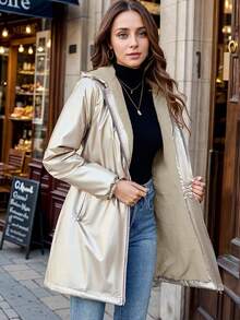 Women's Casual Hooded Padded Jacket With Pockets, Lightweight Quilted Padded Coat With Faux Fur Lining Spring/Fall/Winter Daily Wear - Gold - View 3