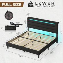 GREENSTELL Modern Platform Bed Frame, Twin/Full/King/Queen Size Bed Frame * Upholstered Headboards, With LED Lights & USB Charging Station, Easy Assembly, Bedroom Decor - 黑色 - 查看 8