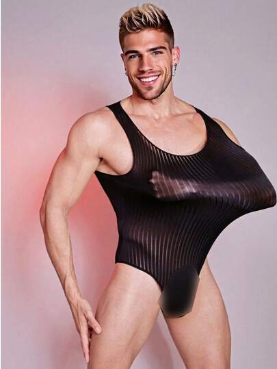 1piece Nylon Spandex Unisex Semi Sheer Striped Knitted Fabric Sleeveless Short Leotard