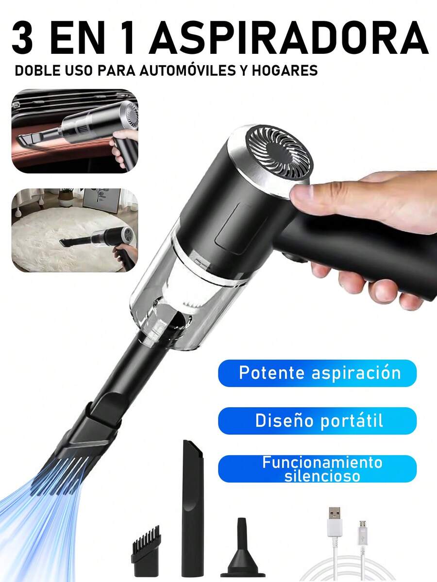 Aspiradora para interiores de coche 3 en 1, aspira y sopla aire Aspirador De Mano Portátil Inalámbrica, Inalambrica Para Coche y El Hogar, Con Bateria Recargable, Funcionamiento Silencioso, Remueve polvo, Pelo de Mascotas, Alta Potencia, Mini Aspiradora, Articulo Basico Para La Limpeza Del Hogar  Color Negro