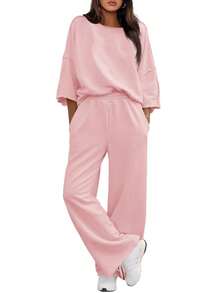 Fisoew Women Two Piece Lounge Set Casual 34 Sleeve Tunic Top And Wide Leg Pants Cozy Fall Outfits Y2K Matching Sets Soft Travel Loungewear Breathable Jogger Suit - 粉紅色 - 查看 2