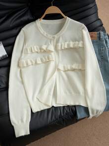 Apricot Crew Neck Knit Cardigan For Women, Frill Trim Patchwork Minimalist Design, Long Sleeve Warm & Comfortable Sweater Jacket, Suitable For Winter, Christmas, New Year - Apricot - View 7