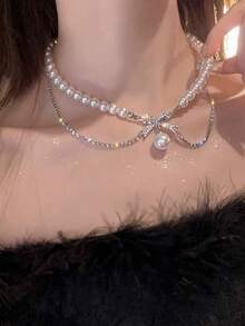 1 pieza Exquisita pulsera de perlas apilables de doble capa con lazo