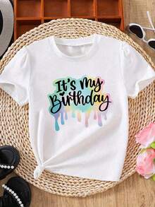 Girls' Birthday Celebration Graphic T-Shirt - "It's My Birthday" Colorful Dripping Paint Print, White Round Neck Short Sleeve Summer Top For Teens & Students, Casual Comfort Fit, Student Fashion| Playful Design| Comfortable Fabric, Birthday Shirt - 白色 - 查看 1