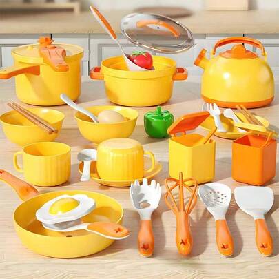 22件套双色厨房玩具套装 | 仿真厨具，包括锅、平底锅、压力锅、勺子和水壶，适合室内外使用，男孩女孩都适用