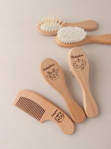 Customized Baby Shower Gift Set Natural Beechwood Flat Comb Set With Wool Brush & Massage Cushion - Personalized Name & Animal Designs For Hair Care & Scalp Health,Christmas Gift Supplies