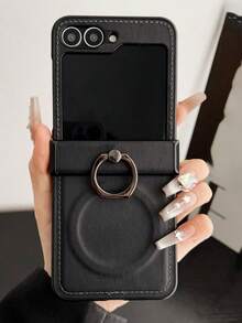 Genuine Leather Phone Case With Magnetic Ring Holder For Samsung Galaxy Z Flip 7 6 5 4 3, Shockproof Solid Color Back Cover - Black - View 3