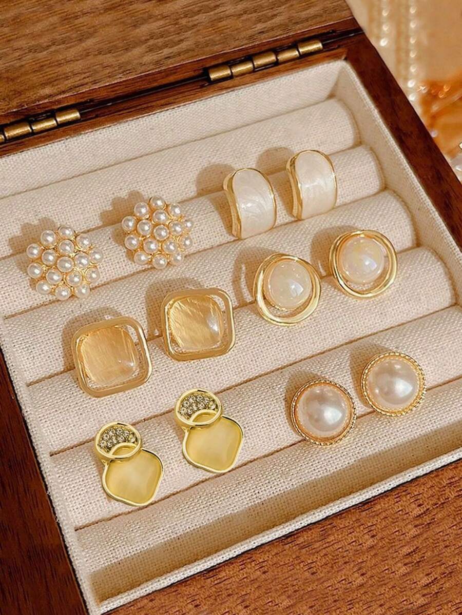 6 件/套简约几何猫眼仿珍珠耳环，新款时尚别致耳钉套装，适合女性日常和节日佩戴