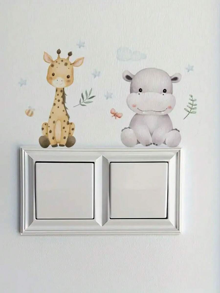 6pcs/Set Stiker Saklar Kartun Monyet, Jerapah, Gajah, Singa, Kuda Nil, Zebra, Stiker Dinding Dekorasi Rumah untuk Kamar Anak - MultiWarna - View 1