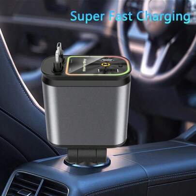 W&O Starry Sky Top Fast Car Charger - Purple Lighting, 4-In-1 Retractable Charger, Dual 80cm/31-Inch Retractable Cable Car Charger, Car Plug Adapter With RGB Lighting, 2 USB Port Adapters, Durable Free Design For Easy Use - Adapter For IPhone 16/15/14/13 Plus//Pro/Pro Max/Android Phones, For Galaxy S25/24, Pixel, And Other Tablets, For Fast Car Charging, Wireless Fast Charging, High-Speed Mobile Phone Charger, Fast Charging Adapter, Retractable Car Charger