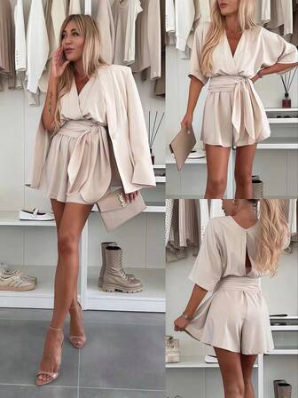 Macacão feminino elegante casual com manga morcego e cor sólida, com cinto e perna larga