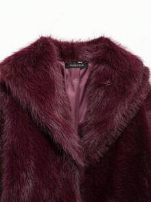 女士纯色仿毛皮外套，长袖保暖冬装外套，时尚翻领宽松休闲外套 - 酒紅色 - 查看 4