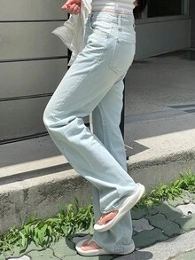 YIU Light Wash Women's Casual Straight Leg Denim Jeans, Long Non-Stretch With Pockets, Perfect For Spring Outfits - Baby Blue - View 5
