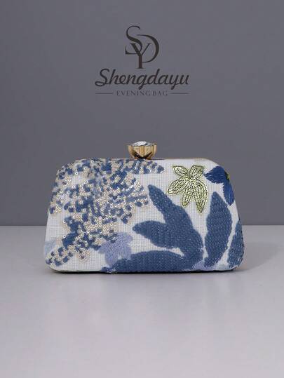 1 pieza Nuevo bolso de mano de mujer con estampado floral, Nuevo bolso de noche de lentejuelas azul vintage bordado con flores y cadena, adecuado para fiestas, novias, recién casadas y mujeres de oficina, fiesta, boda, mini bolso de caja (patrón aleatorio), adecuado para trabajo, viaje de negocios, salida, ir y venir