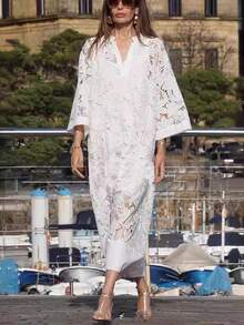 tooluck Elegant Women's Bohemian Style Casual Straight Skirt Contrast Lace Embroidery Holiday Beach Maxi Dress - 白色 - 查看 2