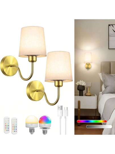 Set Of Two Rechargeable Wand Lights, Battery Operated Lights Adjustable Brightness, Powered Gold/Black Gooseneck, Bedrooms Living Rooms, Wit Linen Lampshade view 2